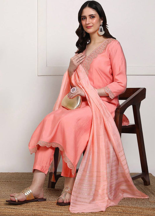 New Elegant 14kg Heavy Rayon Suit Set with Embroidery & Dola Silk Dupatta – Ready to Wear