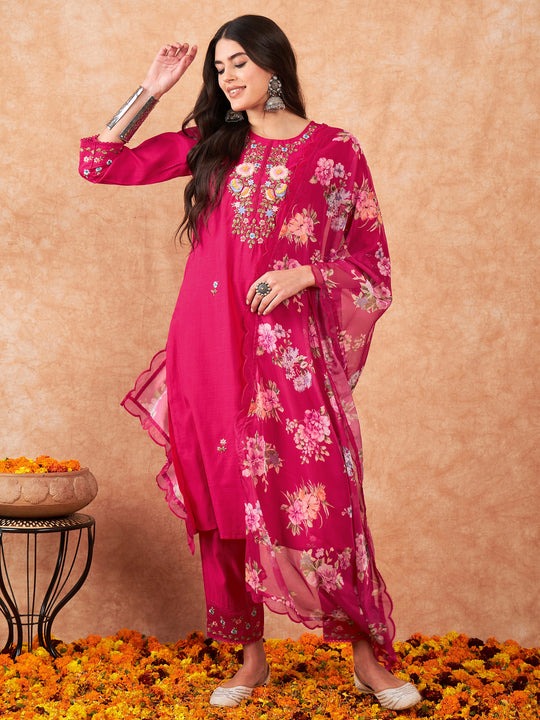 Premium Ethnic Embroidered Viscose Chanderi Suit Set with Pure Organza Dupatta – 3-Piece