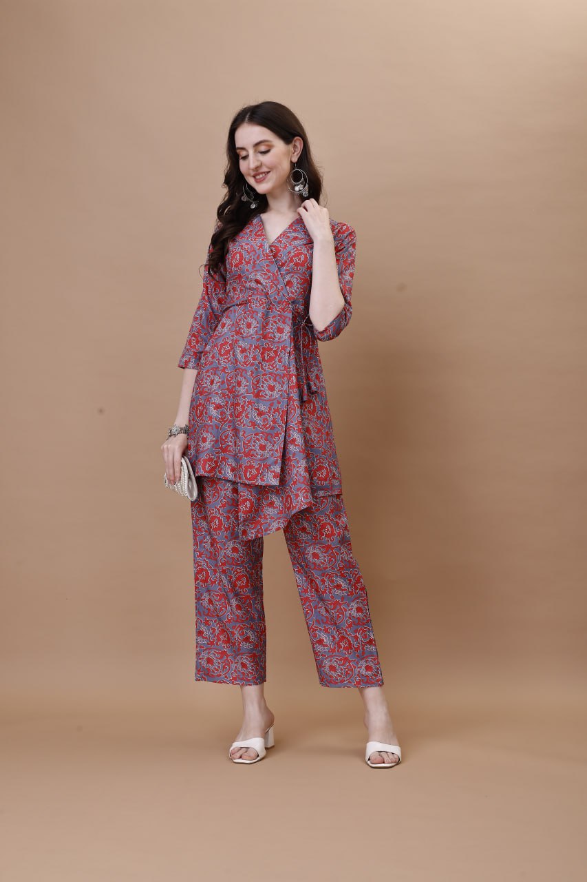 Stylish American Crepe Printed Co-ord Set for Women – Straight Kurti with Pants