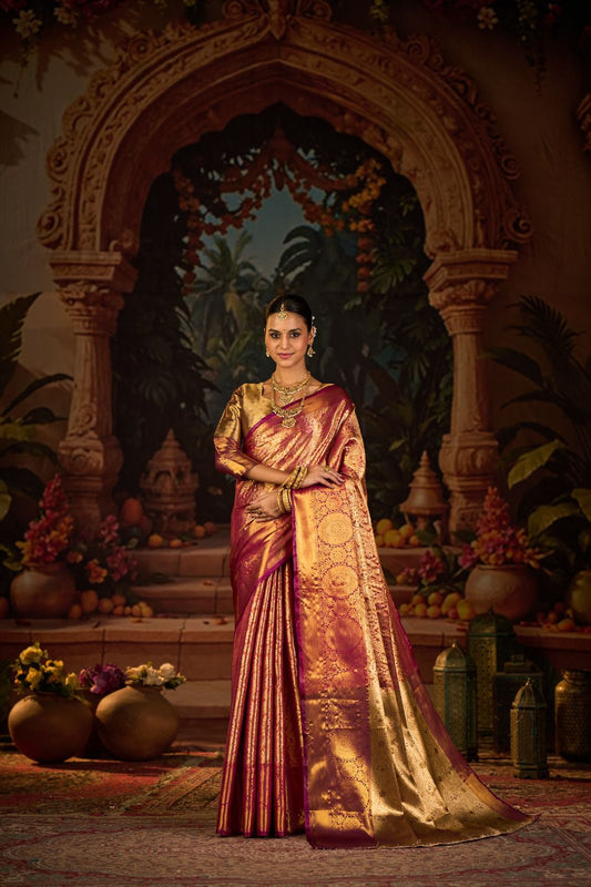 Hot Selling Kanjivaram Silk Saree with Latest Zari Work | Saree with Contrast Blouse Piece | Ideal for Engagements, Puja, and Party Wear