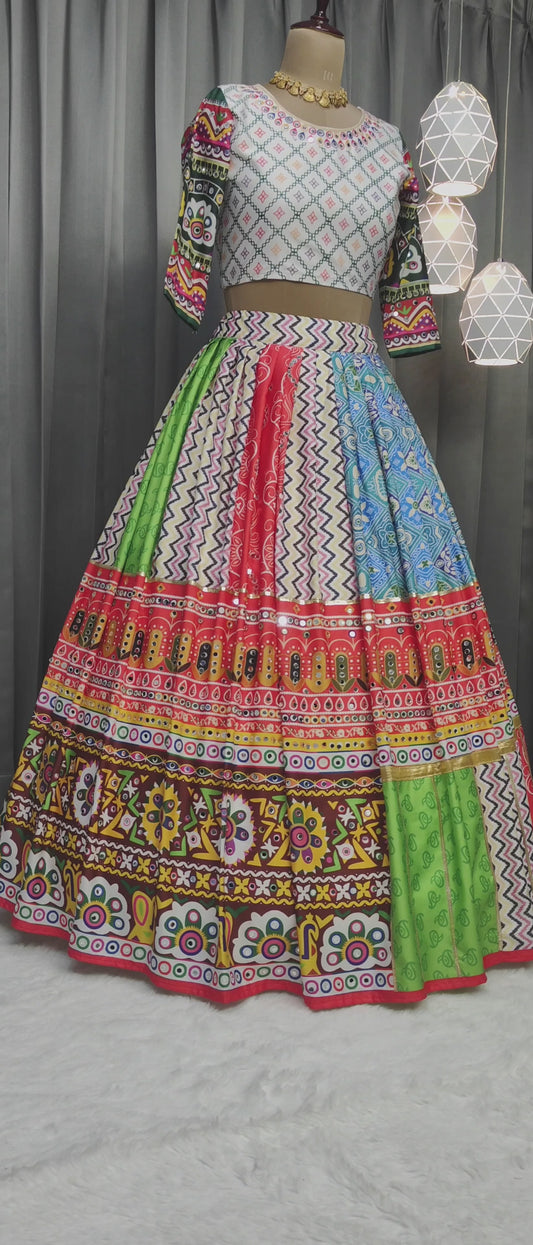 Twirl-Ready Butter Silk Lehenga for Navratri – Real Mirror & Print Work